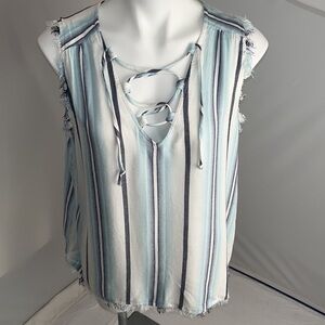 Maven West striped lace up sleeveless navy aqua white tank top